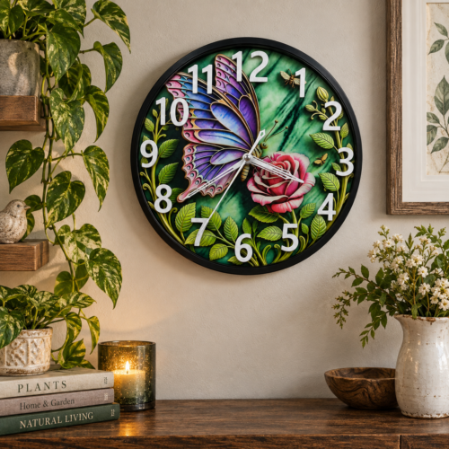 Illuminated Butterfly and Rose Wall Clock with colorful resin clock face