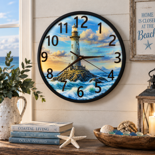Illuminated Lighthouse wall clock with ocean waves and resin clock face